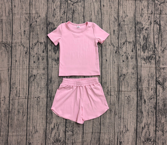 NO MOQ Preorder GSSO3761 Solid Pink Short Sleeve Shorts Girls Yoga Sets 202605