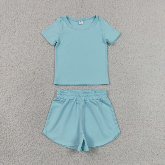 GSSO3762 Solid Blue Short Sleeve Shorts Girls Yoga Sets 202606 RTS