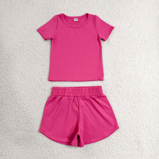 GSSO3764 Solid Rose Red Short Sleeve Shorts Girls Yoga Sets 202606 RTS