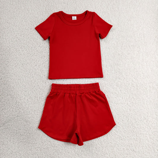 GSSO3765 Solid Red Short Sleeve Shorts Girls Yoga Sets 202606 RTS
