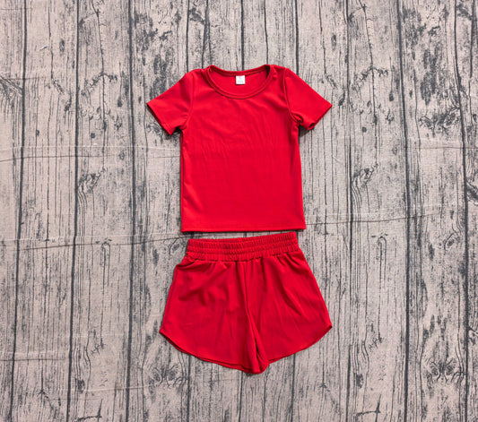 NO MOQ Preorder GSSO3765 Solid Red Short Sleeve Shorts Girls Yoga Sets 202605
