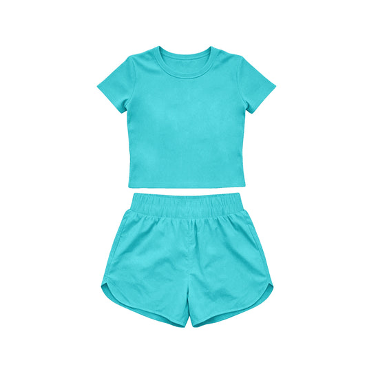 MOQ 5 PCS Preorder GSSO3768 Solid Blue Green Short Sleeve Shorts Girls Yoga Sets 202604