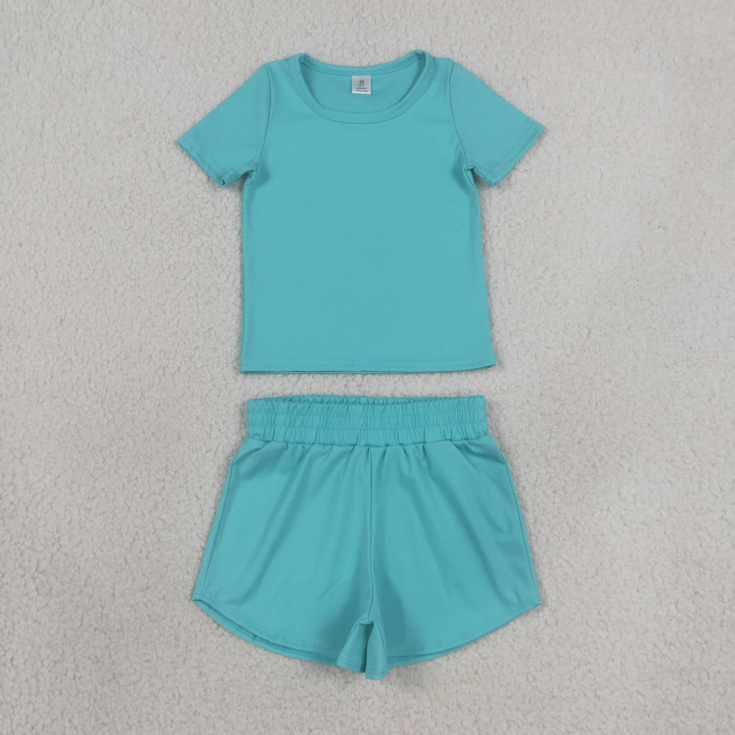 GSSO3768 Solid Blue Green Short Sleeve Shorts Girls Yoga Sets 202608 RTS