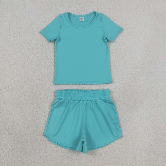 GSSO3768 Solid Blue Green Short Sleeve Shorts Girls Yoga Sets 202608 RTS