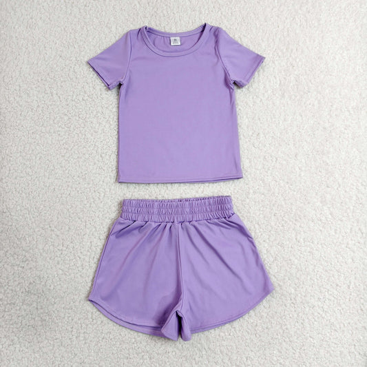 GSSO3769 Solid Purple Short Sleeve Shorts Girls Yoga Sets 202606 RTS