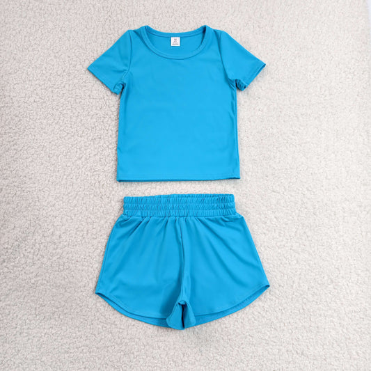 GSSO3770 Solid Blue Short Sleeve Shorts Girls Yoga Sets 202606 RTS