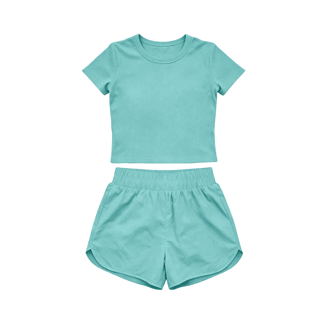MOQ 5 PCS Preorder GSSO3771 Solid Mint Green Short Sleeve Shorts Girls Yoga Sets 202604