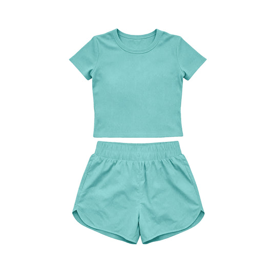 MOQ 5 PCS Preorder GSSO3771 Solid Mint Green Short Sleeve Shorts Girls Yoga Sets 202604