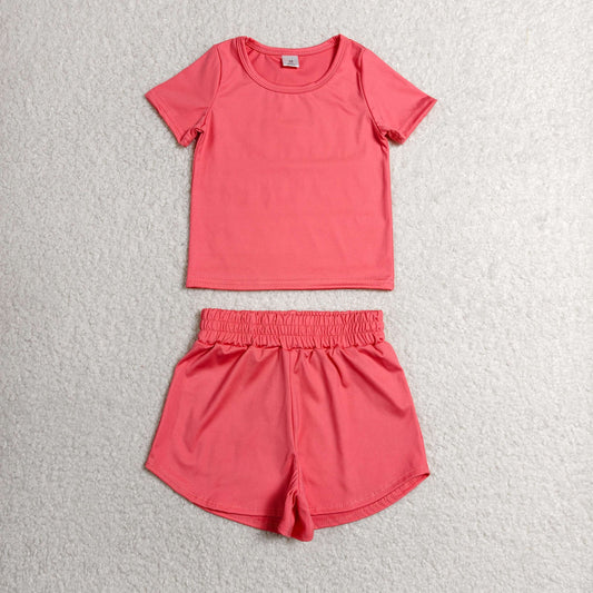 GSSO3772 Solid Coral Red Short Sleeve Shorts Girls Yoga Sets 202606 RTS