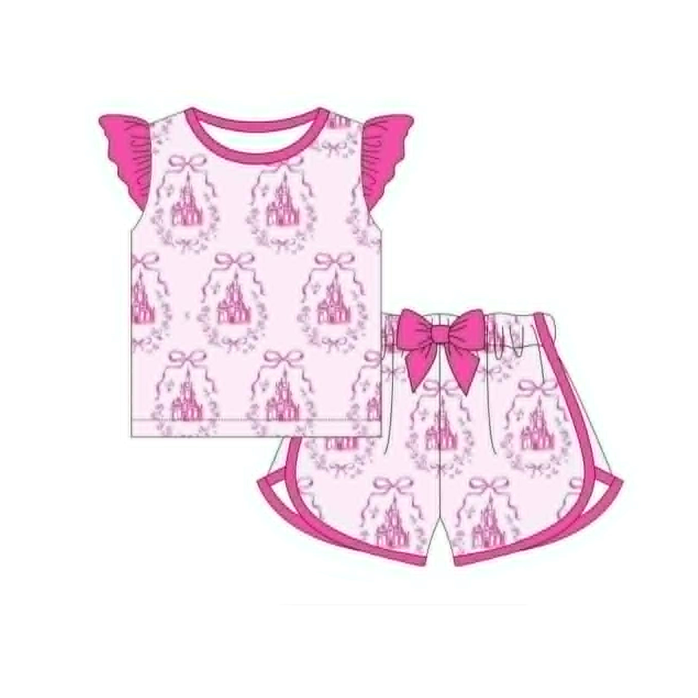 MOQ 5 PCS Preorder GSSO3773 Castle Bows Rose Red Fly Sleeve Shorts Girls Sets 202604