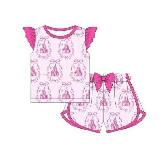 MOQ 5 PCS Preorder GSSO3773 Castle Bows Rose Red Fly Sleeve Shorts Girls Sets 202604