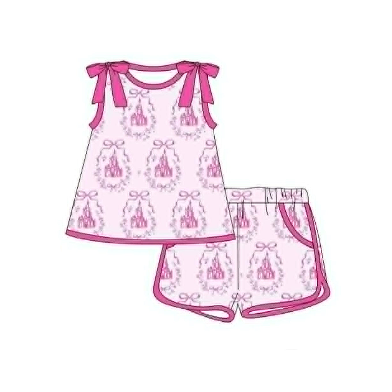 MOQ 5 PCS Preorder GSSO3774 Castle Bows Rose Red Sleeveless Shorts Girls Sets 202604