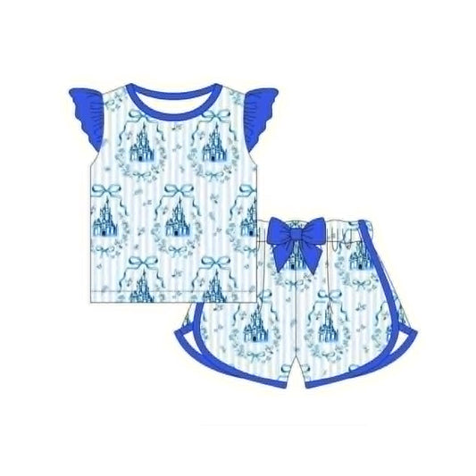 MOQ 5 PCS Preorder GSSO3775 Castle Bows Blue Fly Sleeve Shorts Girls Sets 202604