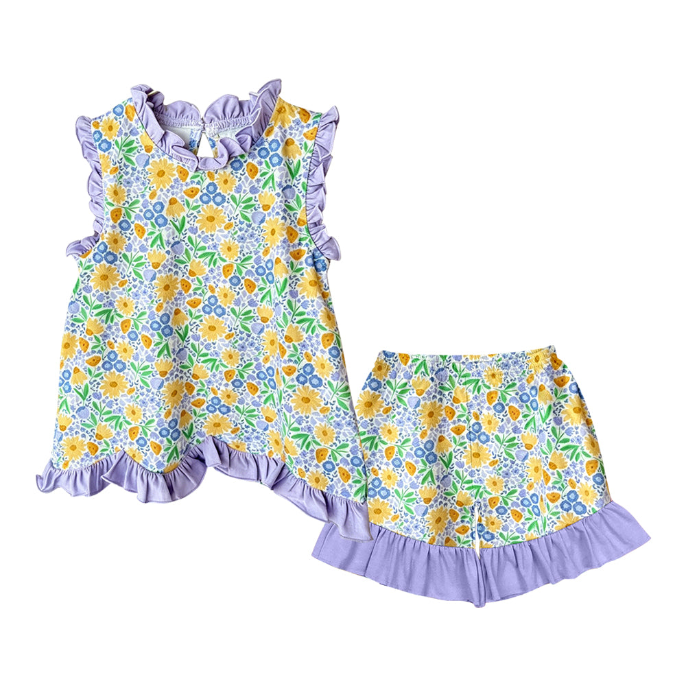 MOQ 5 PCS Preorder GSSO3777 Flower Leaf Purple Ruffle Sleeveless Shorts Girls Sets 202604