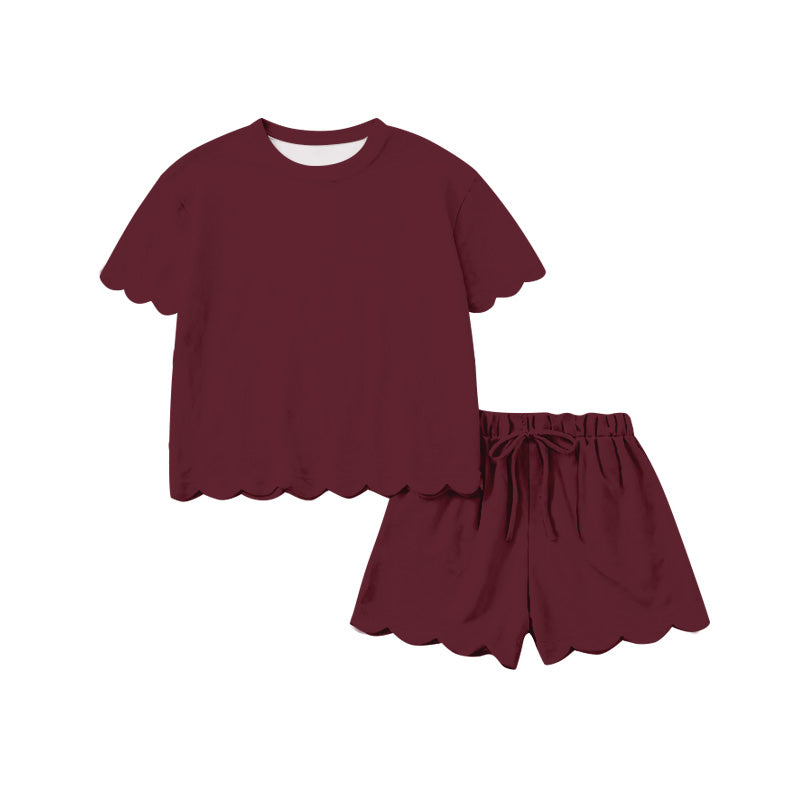 MOQ 30 PCS Preorder GSSO3778 Solid Burgundy Wave Ruffle Short Sleeve Shorts Girls Sets 202604