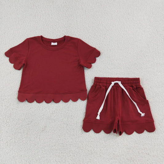 GSSO3778 Solid Burgundy Wave Ruffle Short Sleeve Shorts Girls Sets 202607 RTS