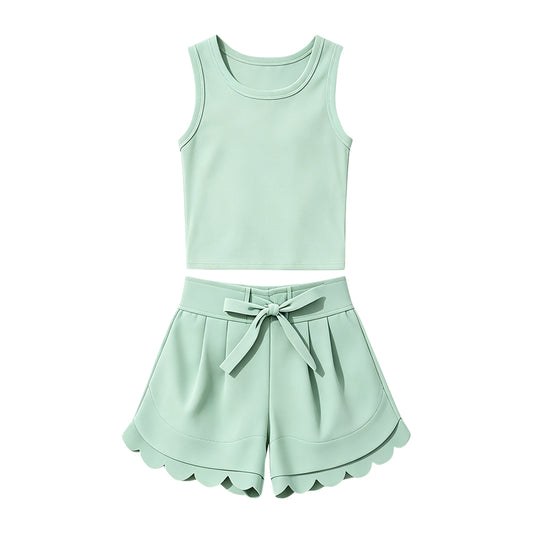 MOQ 30 PCS Preorder GSSO3779 Solid Light Green Sleeveless Scalloped Shorts Girls Yoga Sets 202604