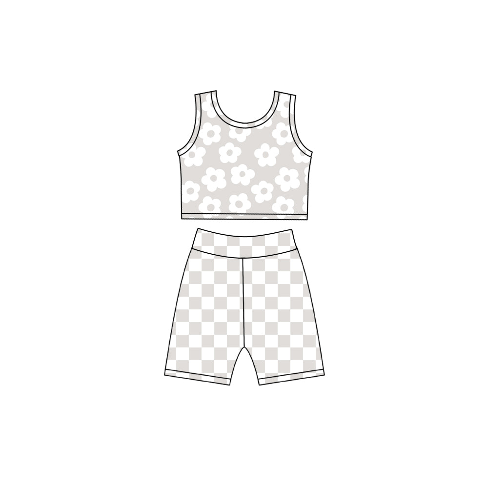MOQ 5 PCS Preorder GSSO3784 Flower Gray Sleeveless Plaid Shorts Girls Yoga Sets 202604