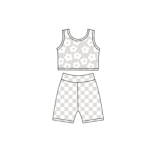 MOQ 5 PCS Preorder GSSO3784 Flower Gray Sleeveless Plaid Shorts Girls Yoga Sets 202604