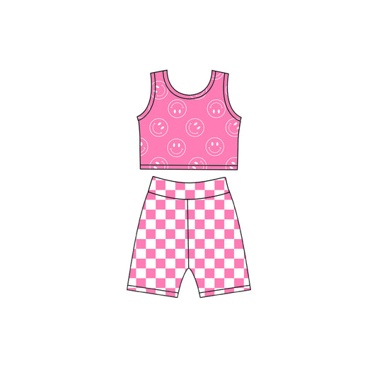 MOQ 5 PCS Preorder GSSO3785 Smile Face Rose Red Sleeveless Plaid Shorts Girls Yoga Sets 202604