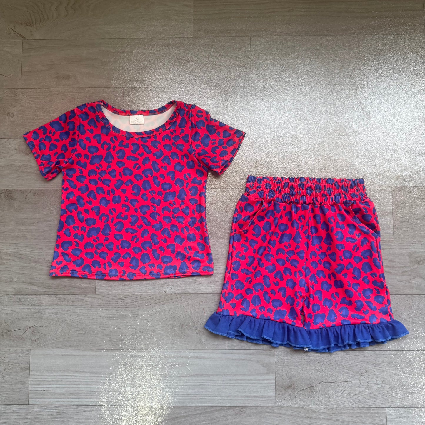 NO MOQ Preorder GSSO3811 Rose Red Blue Leopard Ruffle Short Sleeve Shorts Girls Sets 202607