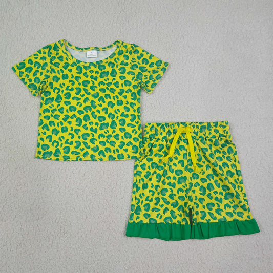 GSSO3812 Yellow Green Leopard Ruffle Short Sleeve Shorts Girls Sets 202608 RTS