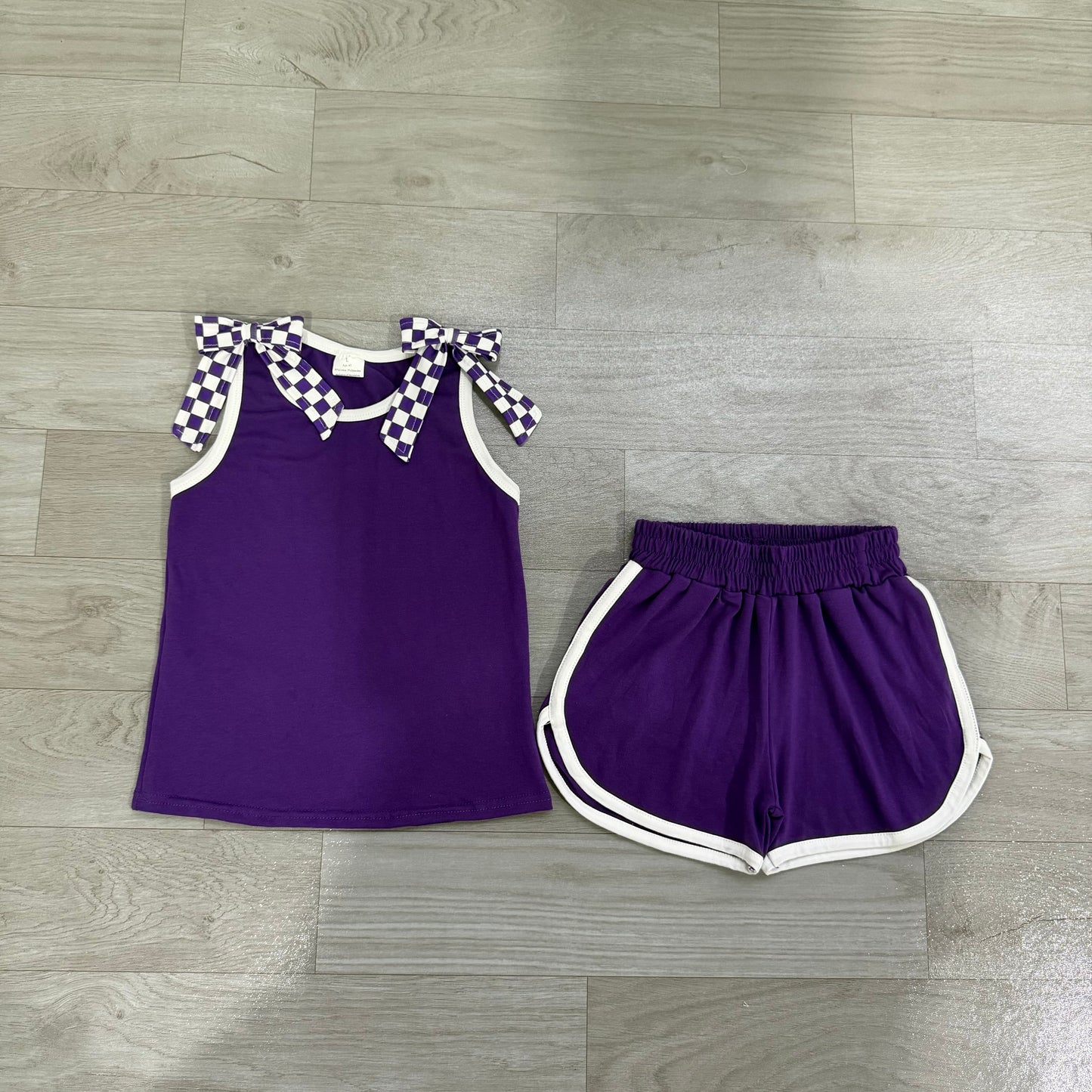 NO MOQ Preorder GSSO3814 GO TEAM Purple White Plaid Bows Sleeveless Shorts Girls Sets 202607 （Please contact me for custom orders.）