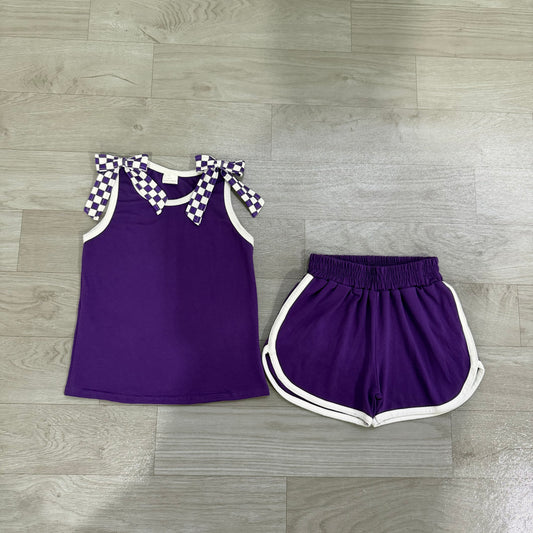 NO MOQ Preorder GSSO3814 GO TEAM Purple White Plaid Bows Sleeveless Shorts Girls Sets 202607 （Please contact me for custom orders.）