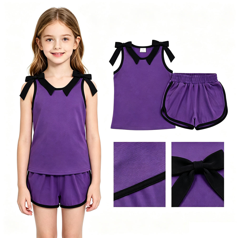 GSSO3815 Solid Color Purple Black Bows Girls Shorts Set