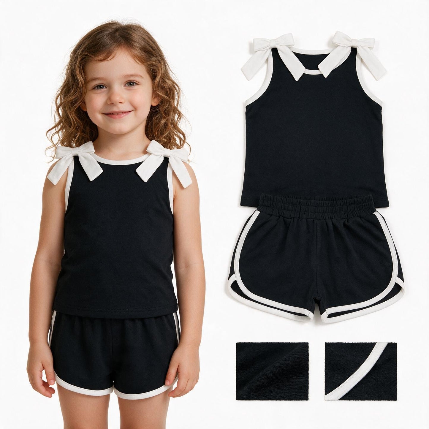 GSSO3817 Solid Color Black Bows Girls Shorts Set