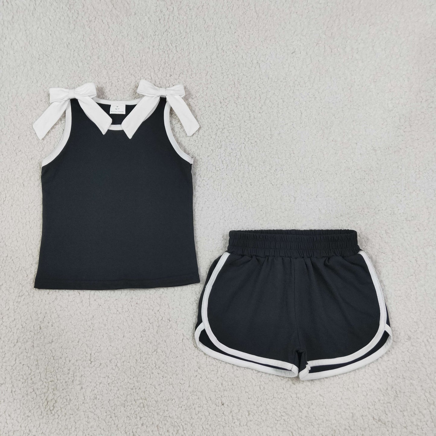 GSSO3817 Solid Color Black Bows Girls Shorts Set