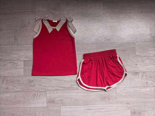 NO MOQ Preorder GSSO3820 GO TEAM Bows Gray Red Sleeveless Shorts Girls Sets 202607（Please contact me for custom orders.）