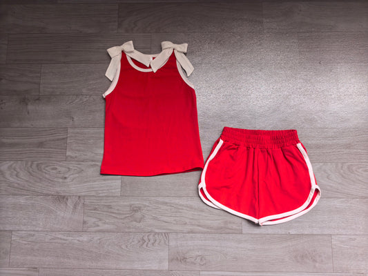 CUSTOM MOQ 5 PCS Preorder GO TEAM Bows White Red Sleeveless Shorts Girls Sets 202608