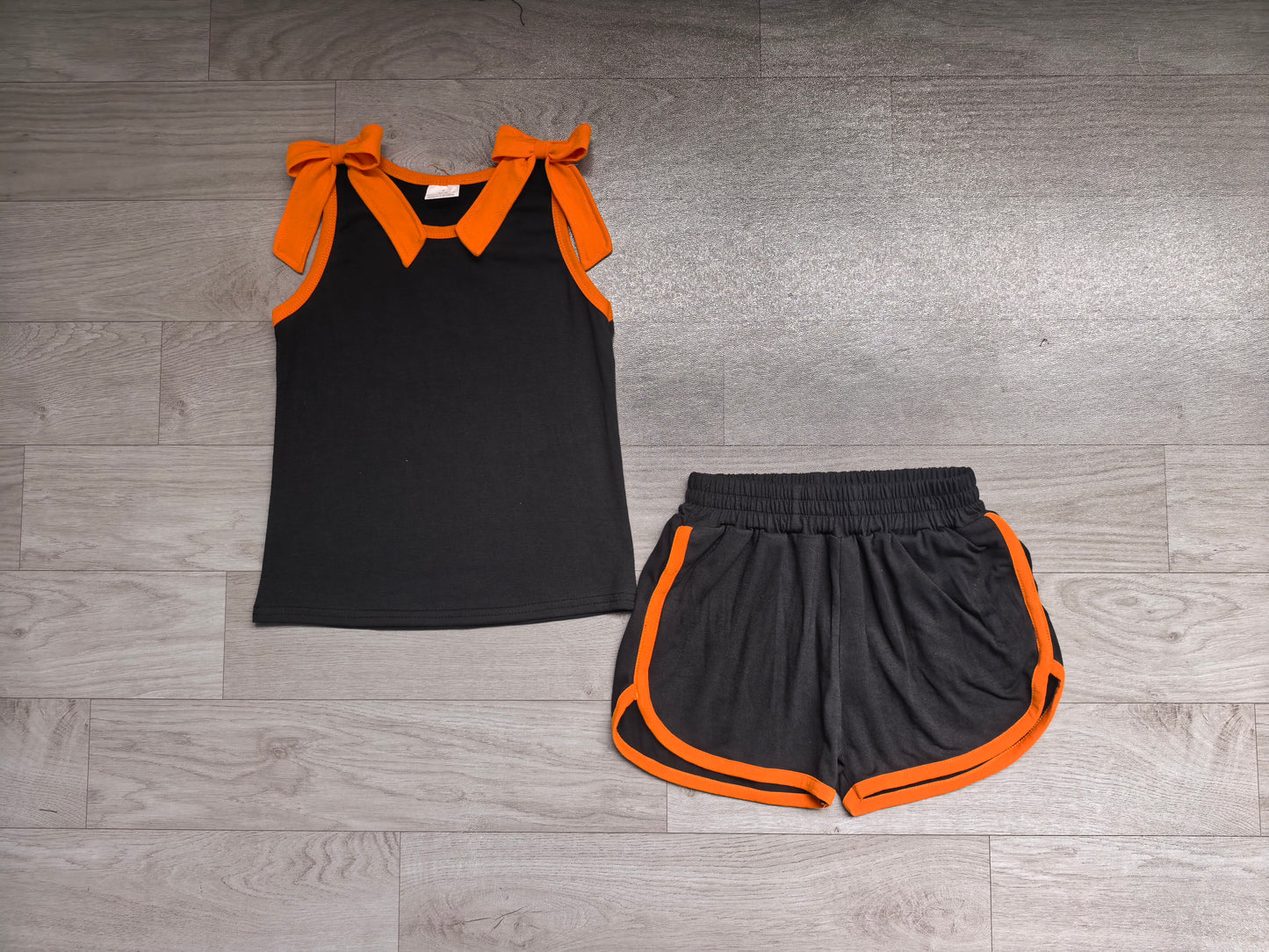 NO MOQ Preorder GSSO3822 GO TEAM Bows Orange Black Sleeveless Shorts Girls Sets 202607（Please contact me for custom orders.）