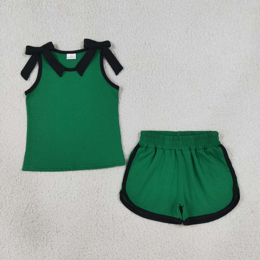 GSSO3825 GO TEAM Bows Black Green Sleeveless Shorts Girls Sets 202608 RTS （Please contact me for custom orders.）