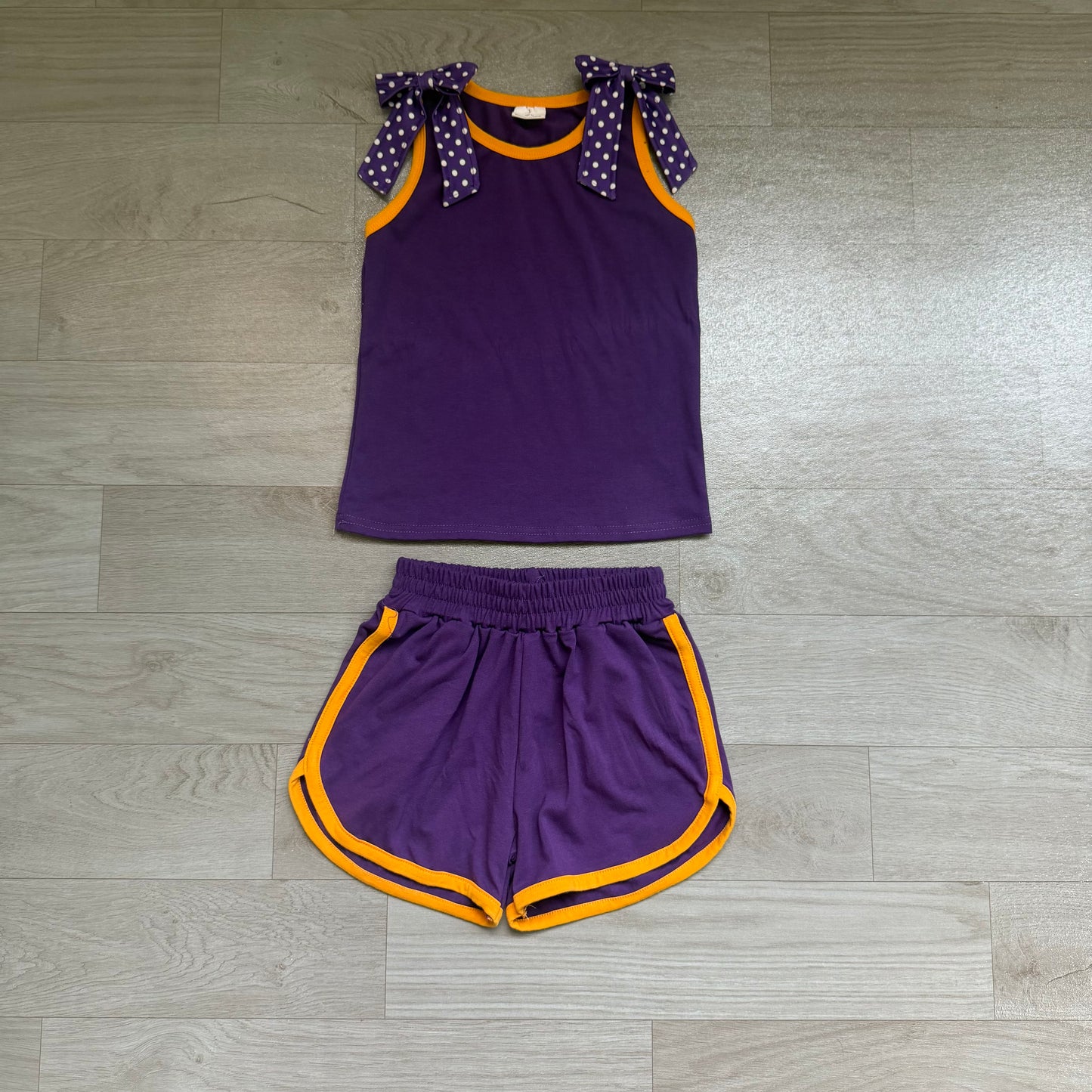NO MOQ Preorder GSSO3826 GO TEAM Dots Bows Orange Purple Sleeveless Shorts Girls Sets 202607 （Please contact me for custom orders.）