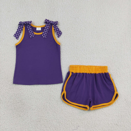 GSSO3826 GO TEAM Dots Bows Orange Purple Sleeveless Shorts Girls Sets 202608 RTS （Please contact me for custom orders.）
