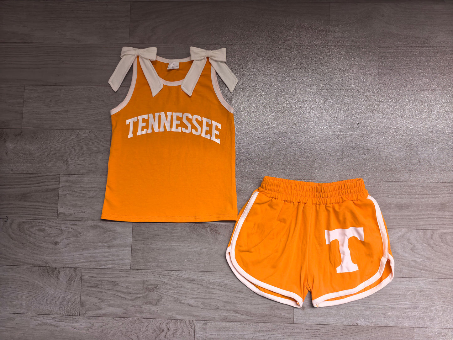 NO MOQ Preorder GSSO3829 Offset Printing GO TEAM TENNESSEE  Bows White Orange Sleeveless Shorts Girls Sets 202607（Please contact me for custom orders.）