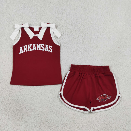 GSSO3833 Offset Printing GO TEAM ARKANSAS Bows White Red Sleeveless Shorts Girls Sets 202608 RTS（Please contact me for custom orders.）