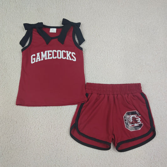 GSSO3835 Offset Printing GO TEAM GAMECOCKS Bows Black Red Sleeveless Shorts Girls Sets 202608 RTS（Please contact me for custom orders.）