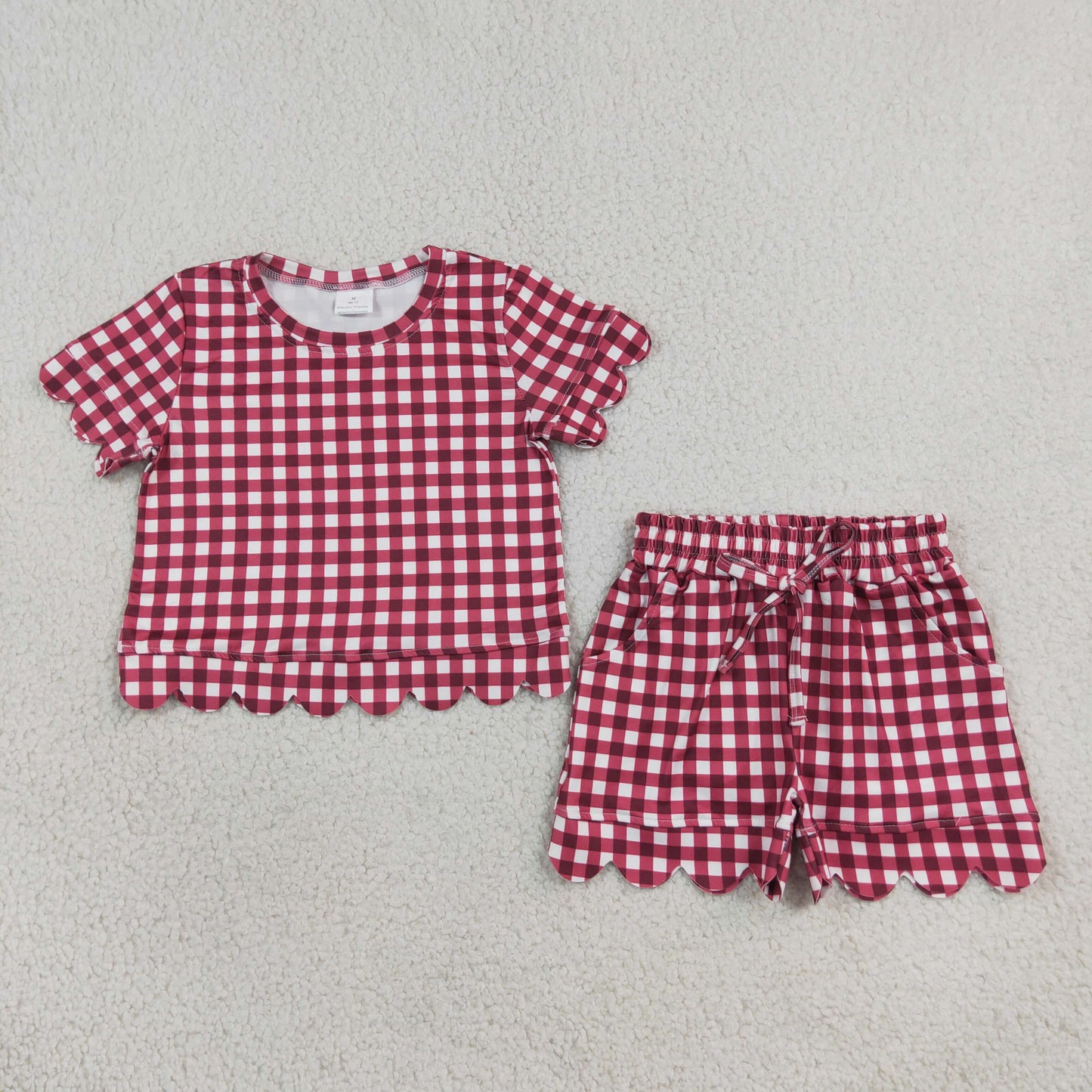 RTS GSSO3836 kids girl clothes scalloped red plaid shorts outfit summer clothes