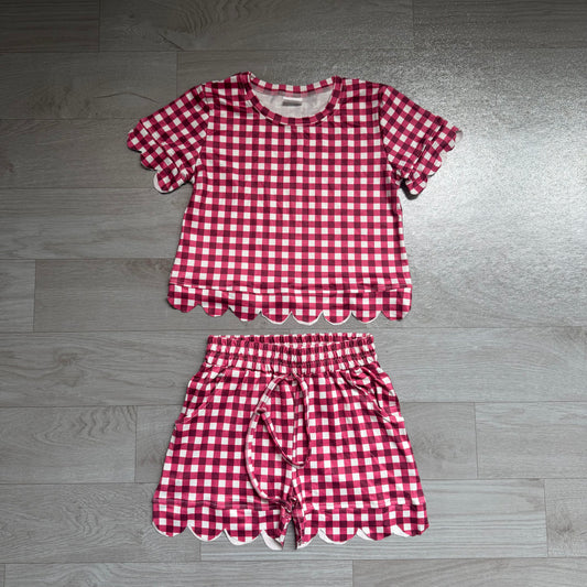 NO MOQ Preorder GSSO3836 Dark Red Plaid Scalloped Short Sleeve Shorts Girls Sets 202607