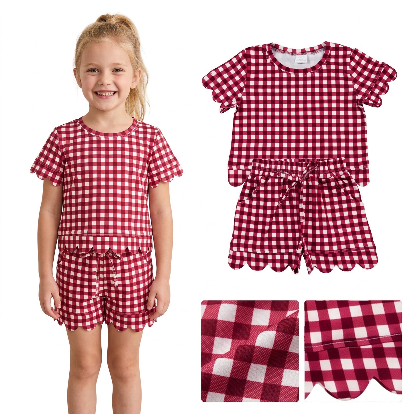 RTS GSSO3836 kids girl clothes scalloped red plaid shorts outfit summer clothes