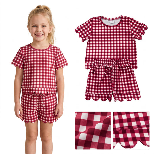 RTS GSSO3836 kids girl clothes scalloped red plaid shorts outfit summer clothes