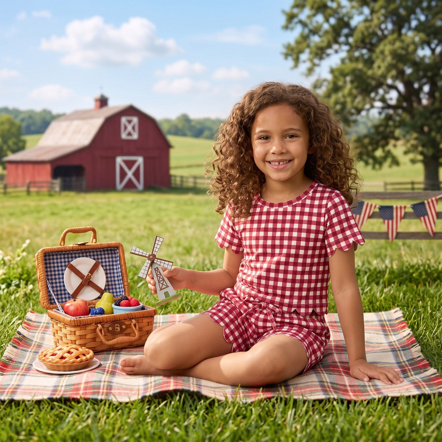 RTS GSSO3836 kids girl clothes scalloped red plaid shorts outfit summer clothes