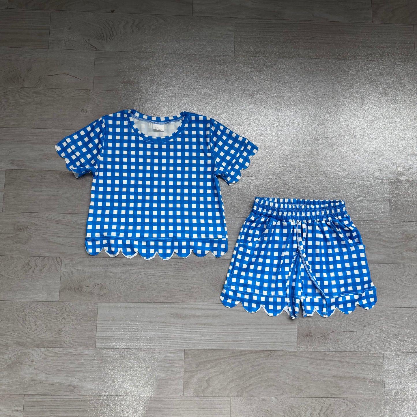 NO MOQ Preorder GSSO3837 Blue Plaid Scalloped Short Sleeve Shorts Girls Sets 202607
