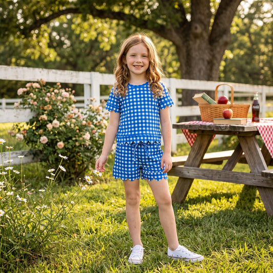 RTS GSSO3837 kids girl clothes scalloped blue plaid shorts outfit summer clothes
