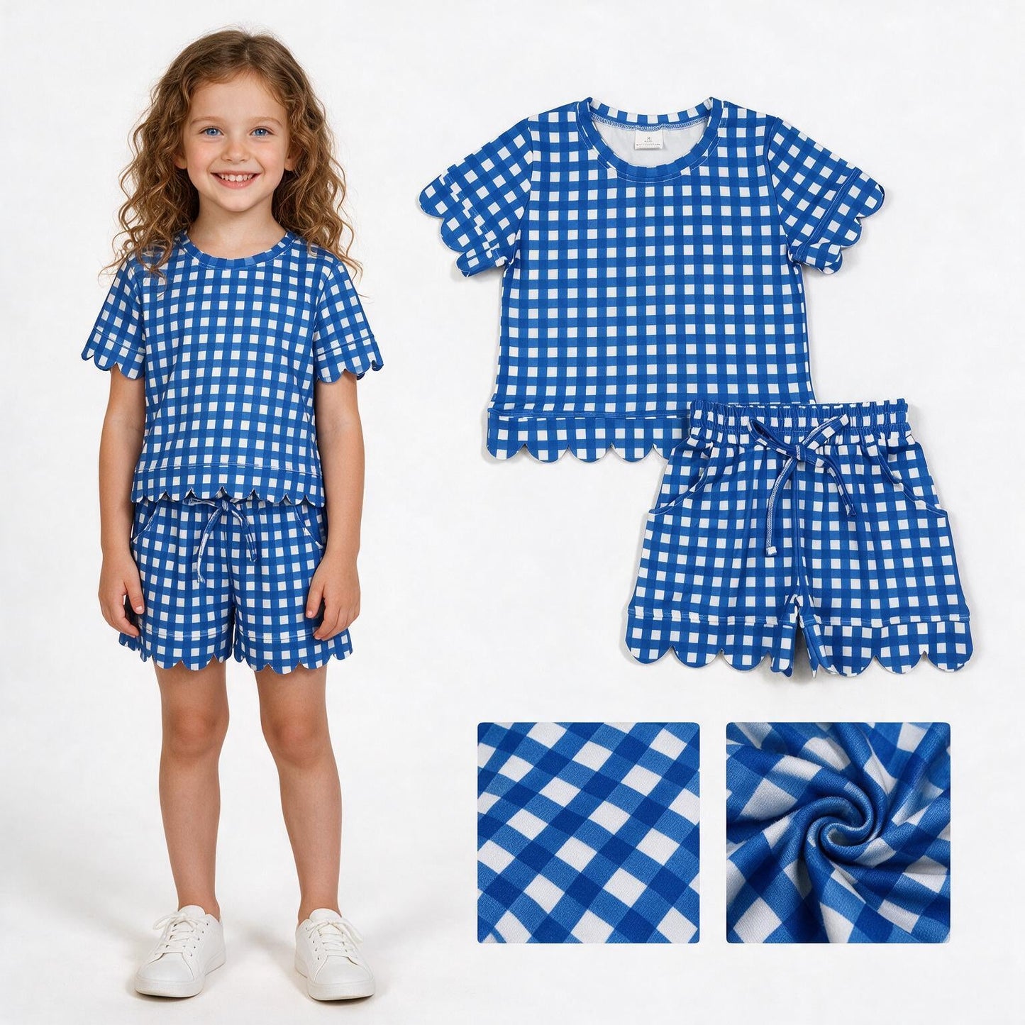 RTS GSSO3837 kids girl clothes scalloped blue plaid shorts outfit summer clothes