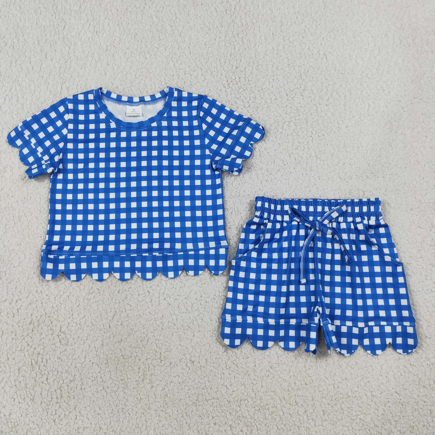 RTS GSSO3837 kids girl clothes scalloped blue plaid shorts outfit summer clothes