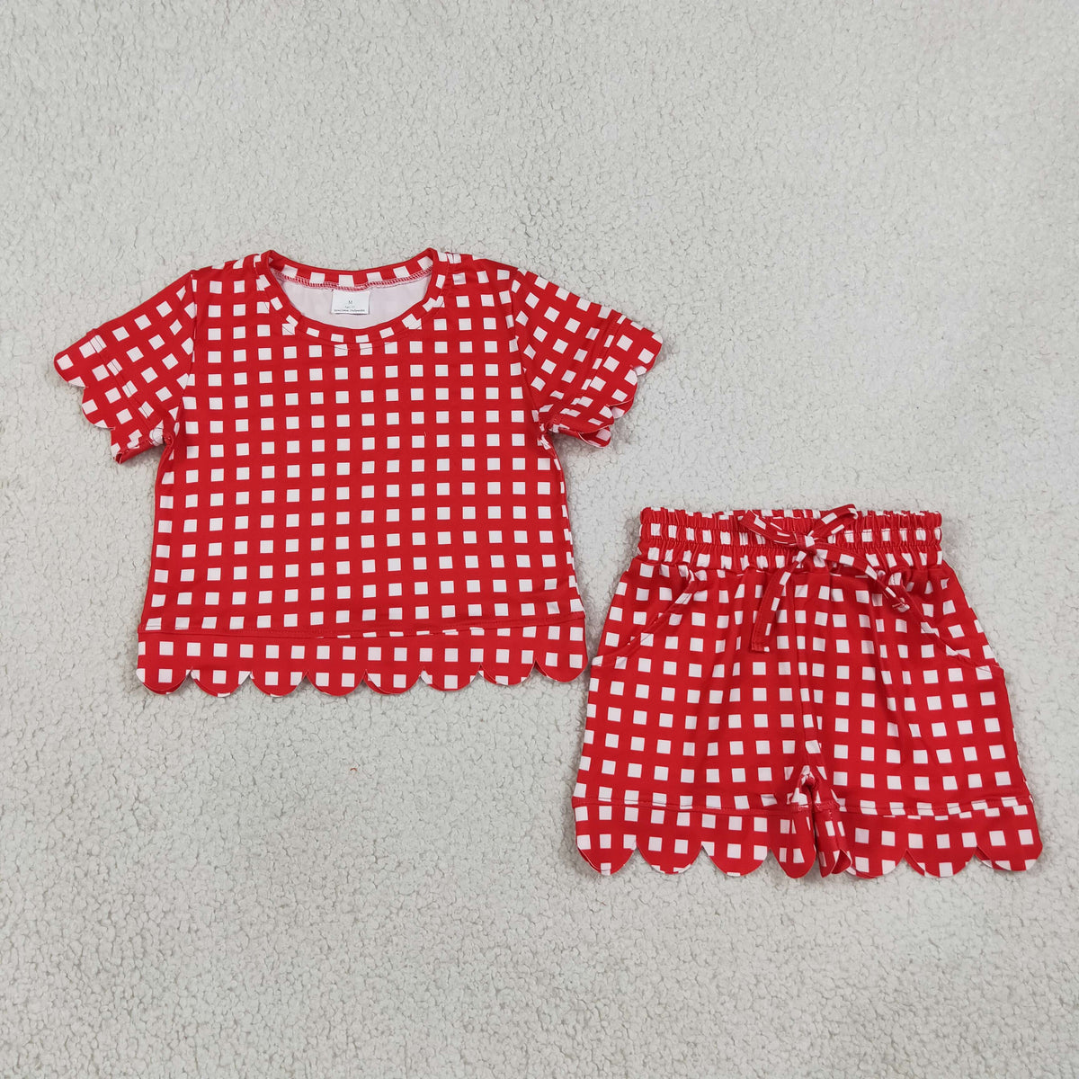GSSO3838 True Red Plaid Scallop Edge Girls Shorts Set 202609 RTS